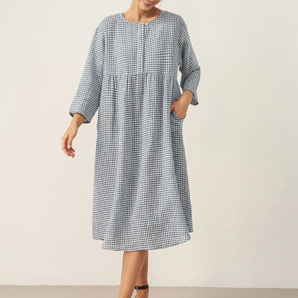 LINTICO Linen Check Long Sleeve Midi Dress - Picture 2 of 3